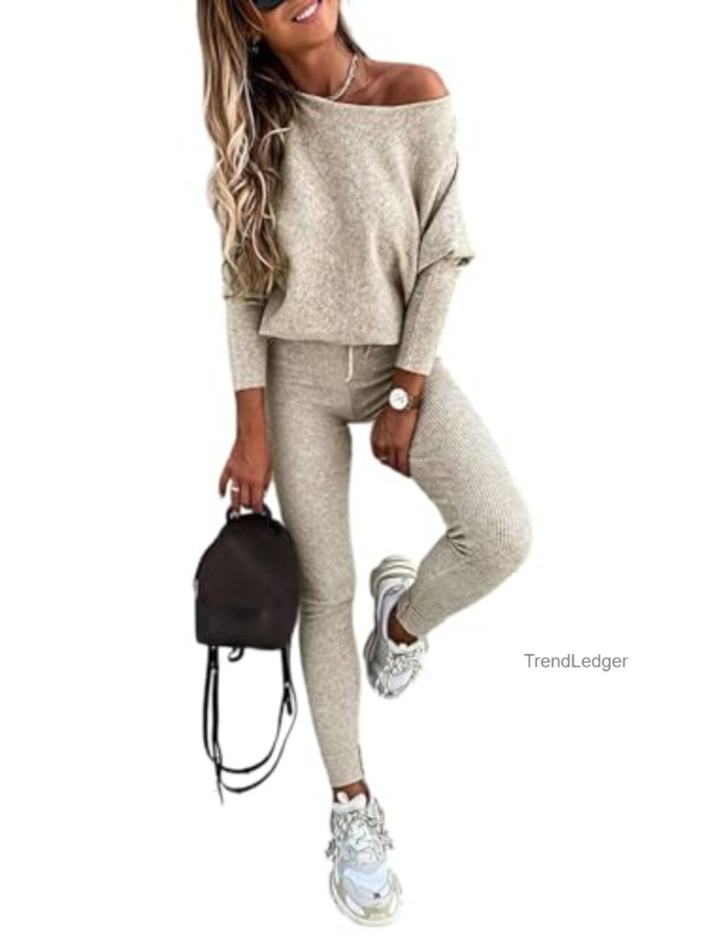 CHICME Womens 2 Piece Lounge Outfit Knit Sweatsuit Batwing Sleeve Pullover